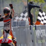 Honda MotoGP rider Marc Marquez of Spain celebrates after winning the French Grand Prix at the Le Mans circuit