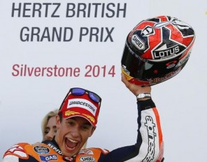 Honda MotoGP rider Marc Marquez of Spain celebrates winning the British Grand Prix at the Silverstone Race Circuit